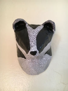 Paper mache badger sculpture from Blue Rooster Arts. Handmade, upcycled and recycled materials. Faux Taxidermy Badger. Whimsical Children's room decor.