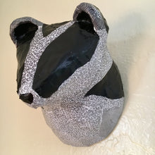 Load image into Gallery viewer, Paper mache badger sculpture from Blue Rooster Arts. Handmade, upcycled and recycled materials. Faux Taxidermy Badger. Whimsical Children&#39;s room decor.
