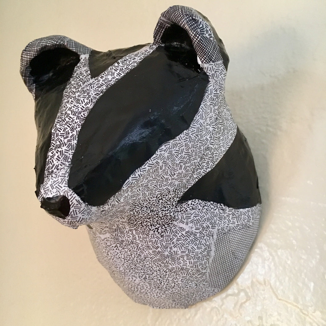 Paper mache badger sculpture from Blue Rooster Arts. Handmade, upcycled and recycled materials. Faux Taxidermy Badger. Whimsical Children's room decor.