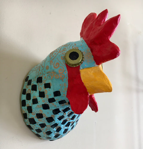 faux taxidermy rooster made by Blue Rooster Arts. Handmade paper mache rooster sculpture made with upcycled and recycled materials. Decoration for children's rooms.