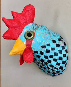 faux taxidermy rooster made by Blue Rooster Arts. Handmade paper mache rooster sculpture made with upcycled and recycled materials. Decoration for children's rooms.